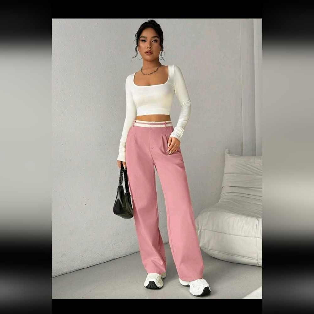 SHEIN Calvaya Women's Casual Straight Leg Trousers with Contrast Waistband - New